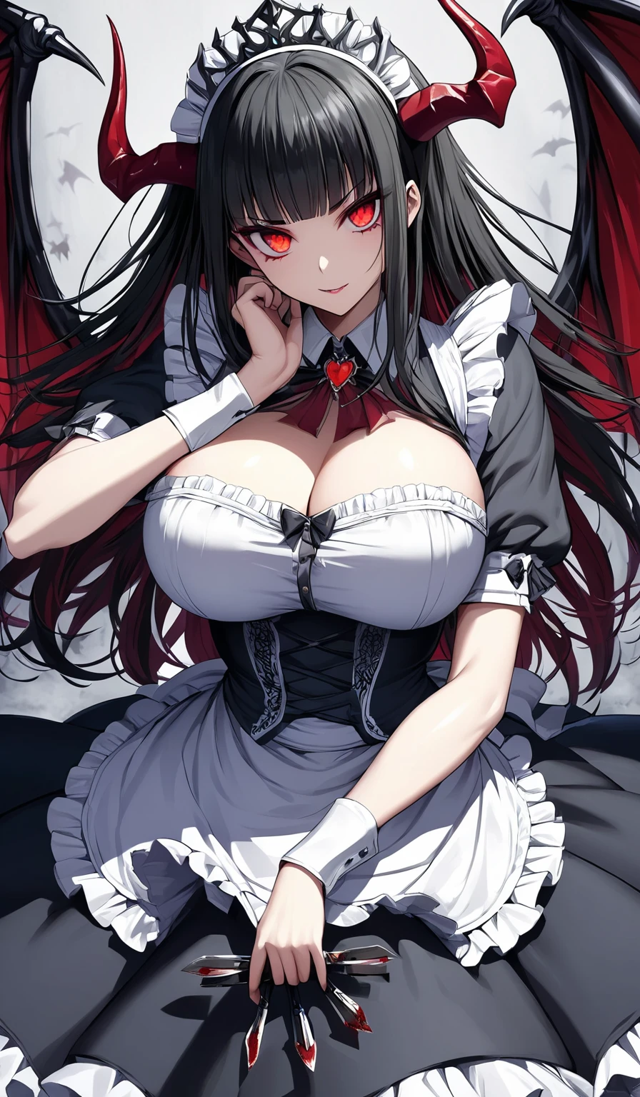 Masterpiece, very detailed, ultra detailed, one, (1 woman), Photo of a woman in a maid costume with detailed killing knives in her hands, beautiful vampire queen, beautiful vampire female queen, with charming eyes, blood red eyes, long black straight hair and straight bangs, with huge breast, she’s With demonic horns and dragon wings, around her magic of darkness, she’s in battle pose, vampire, beautiful charming anime woman, ((beautiful fantasy empress)), beautiful female vampire