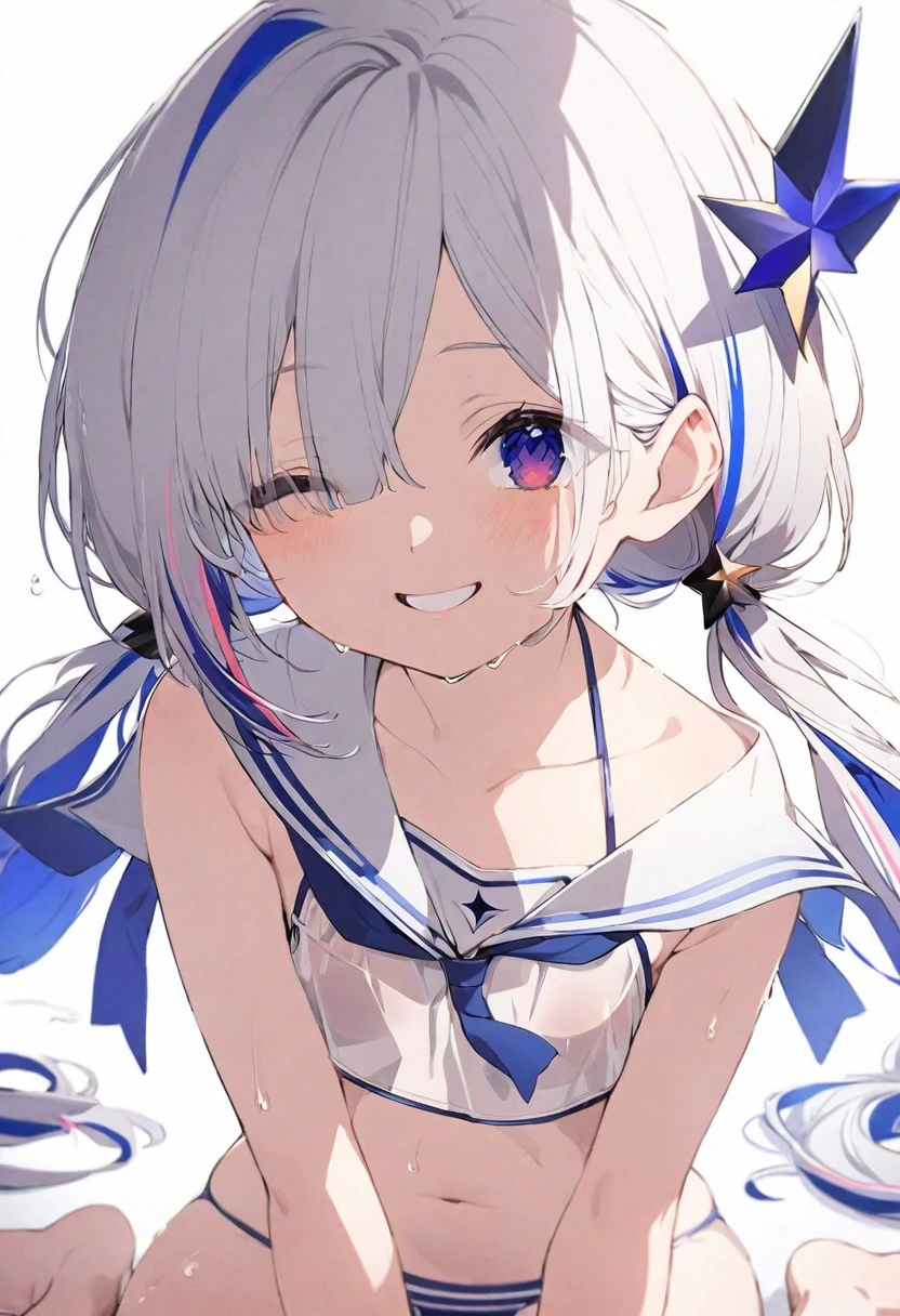 (muste piece), (best quality), very detailed eyes, expressive eyes, perfect face, very detailed face, highly detailed face, beautiful girl, 8K, beautiful girl, white background, delicate and beautiful face and eyes, dark intense shadow,
1 girl, vtuber style, cool girl, amane kanata, streaked hair, low twintails, sailor bikini, string bikini, small chest, cropped shoulders, clavicle, wet body, one eye close winking, smile, body visible through clothes, chest visible through clothes, ass visible through thighs, (full body), barefoot, naked thighs, sitting, open legs wide,