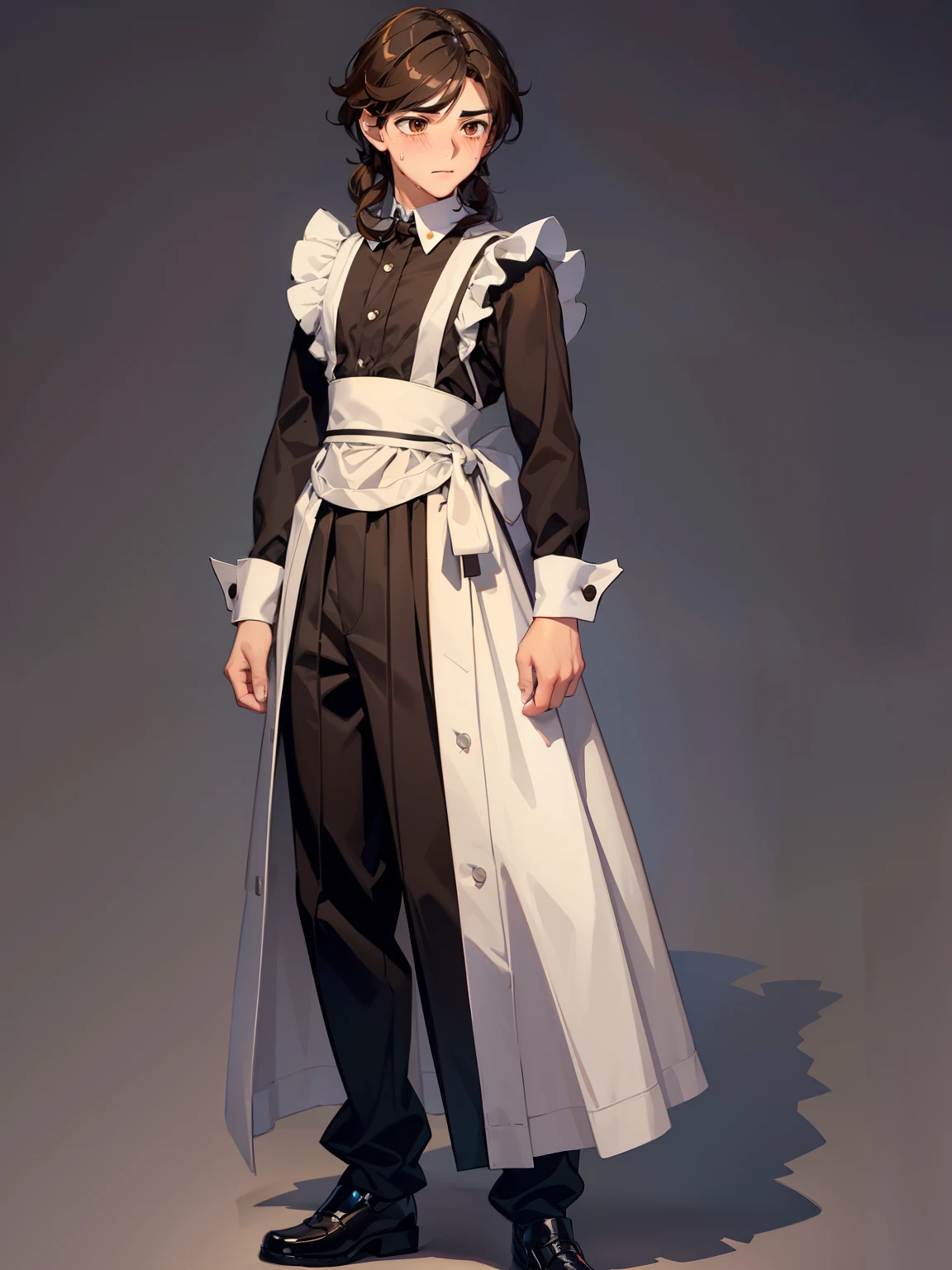 18-year-old boy, full body, dark brown hair, bro flow style, brown eyes, maid outfit, gradient background, ashamed, blushing, digital art, anime, solo, sweat