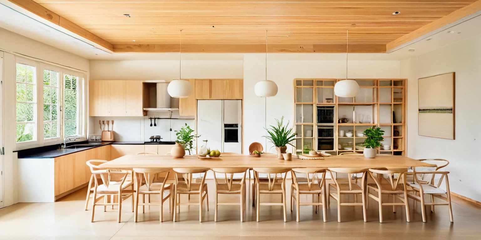 A high-resolution, horizontally framed shot of a minimalist Muji style kitchen combined with a dining area. The space features clean lines and a neutral color palette with whites, beiges, and natural wood tones. The kitchen area has sleek wooden cabinetry and open shelving, showcasing simple, functional kitchenware. The dining area is adjacent, featuring a wooden dining table and chairs. Potted plants and handmade decor pieces add a touch of nature and warmth, enhancing the serene and inviting ambiance.