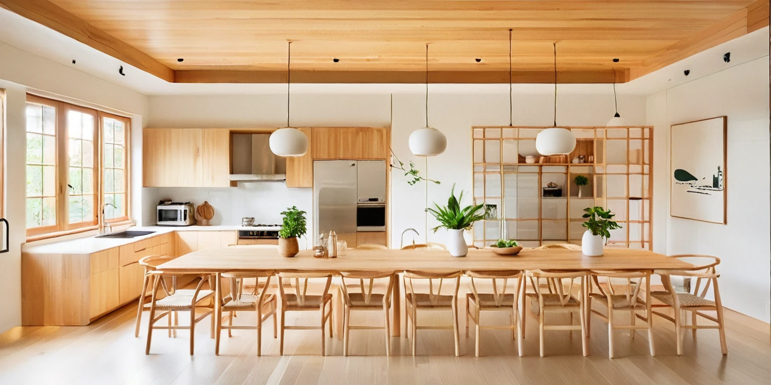 A high-resolution, horizontally framed shot of a minimalist Muji style kitchen combined with a dining area. The space features clean lines and a neutral color palette with whites, beiges, and natural wood tones. The kitchen area has sleek wooden cabinetry and open shelving, showcasing simple, functional kitchenware. The dining area is adjacent, featuring a wooden dining table and chairs. Potted plants and handmade decor pieces add a touch of nature and warmth, enhancing the serene and inviting ambiance.
