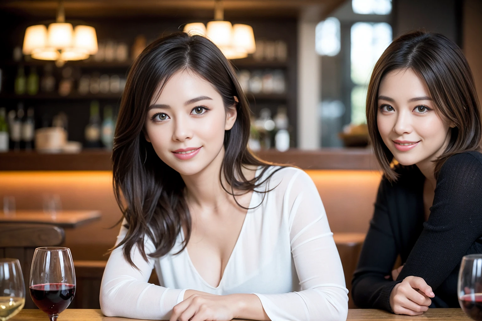 ((Highest quality、8K、masterpiece:1.3))、slimカップル、modelカップル、(Realistic, Intricate details:1.2), full-course dinner、Wine Party、Amazing view of the sunset sky and clouds、A bright smile、The wonderfulness of smile、Bright image、The beauty of wine, Beautiful Face, blue eyes, The light shines on your face, Blushing, short hair,Bright Face、 (Age 37), 39 years old, red wine 、Appetizers、Italian food、Wine bottle、Champagne、sparkling wine、Two beauties、Brown Hair、Shortcuts、Long sleeve shirt、dress、Beautiful woman 1, (slimな顔), (The body is slim), (Brown Hair), (Shortcuts), cheeks turn a little red,Attractive beauty、restaurant, In a prominent place (From the waist up) Nova Frog Style, actress, model, Upper Body, White wine, slim, wine glass, 中央に置かれたwine glass, smile, (smile: 1.15), Beautiful fine grain, Depth f/2,saturation, High Contrast, Strong light and shadow,Moist Body:1.5、3D texture、Delicate eyes、Brown Hair、The hair is very shiny、