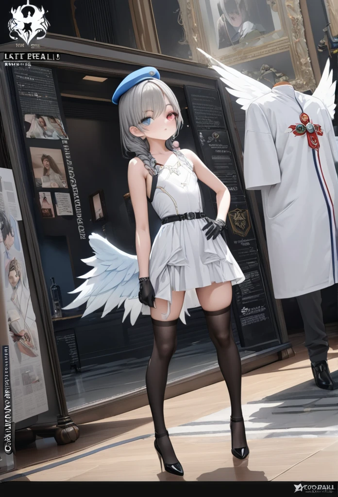 1 girl, short gray hair, slim build, short shoulder length hair, small face, short height of 165 cm, adorable, extremely detailed legs, extremely detailed face, Beautiful detailed eyes, beautiful detailed lips, (Best Quality, 4k, 8k, high resolution, Masterpiece: 1.2), ultra detailed, (realist, fotorrealist, fotorrealist: 1.37), exquisite and epic character art, amazing modern character trending theme, character design (character reference sheet: 1.5, lateral angles, rear angle, Angulo frontal), Black knee high stockings, Black stiletto heels, low waist one piece dress, black gloves up to the wrists, one gray eye and one light blue eye, French beret with angel wings emblem, braided hair on the left side, star-shaped barrette in the hair on the right side, sectoral heterochromia, black belt at hip height
