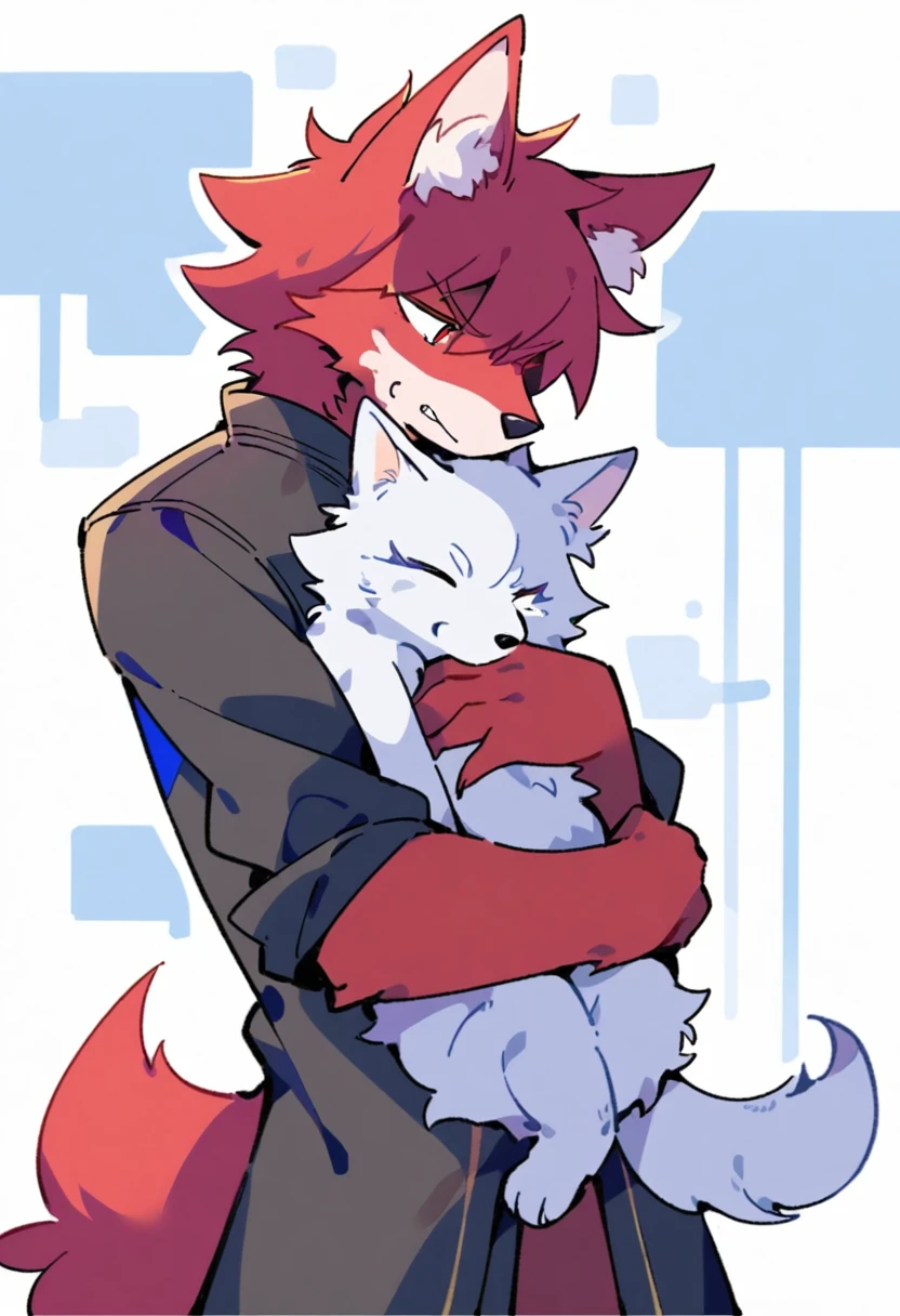 A red furry wolf is hugging a dressed white furry wolf