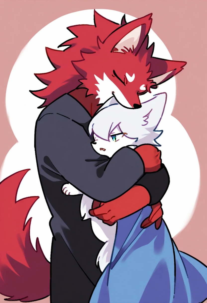 A red furry wolf is hugging a dressed white furry wolf
