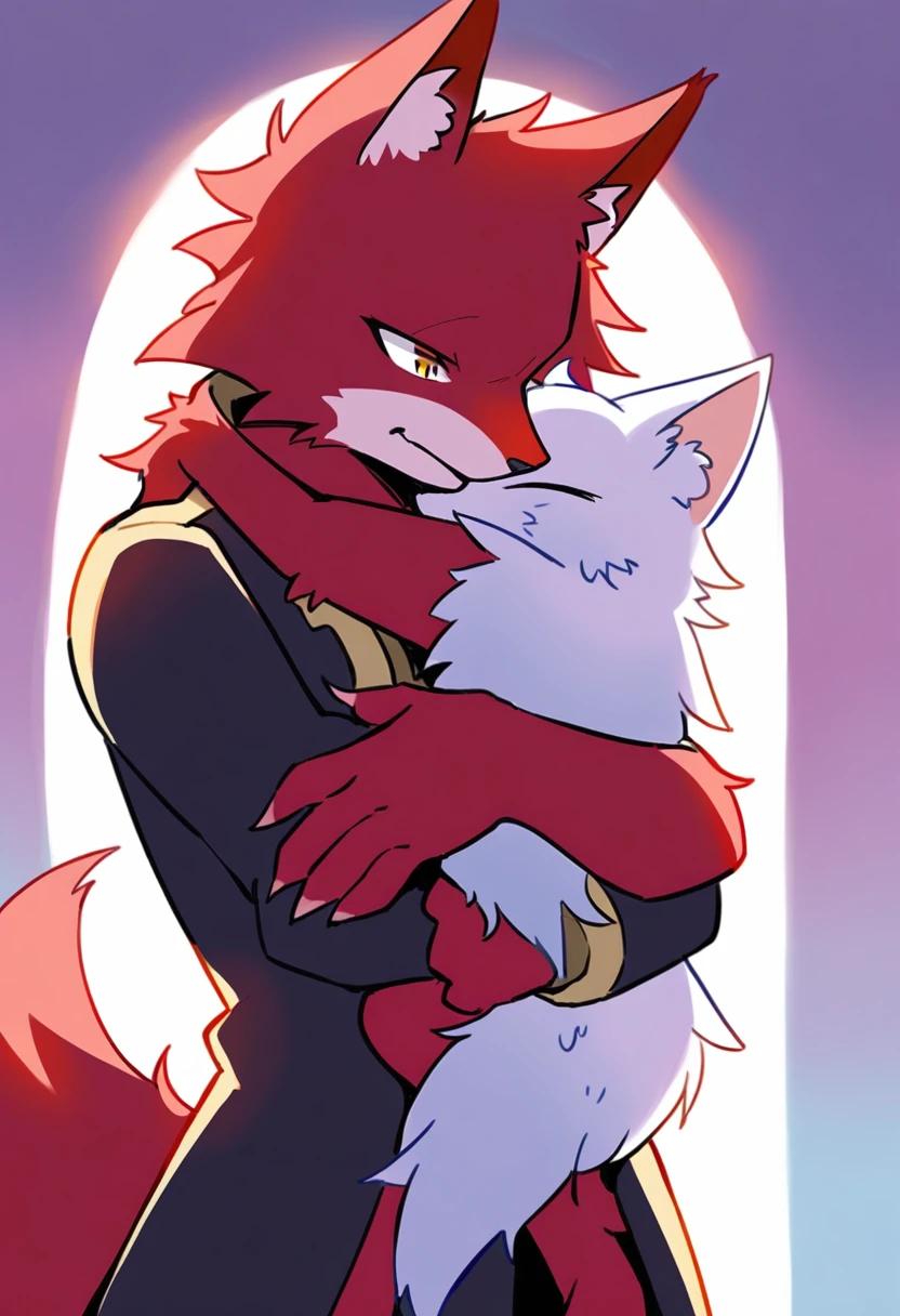 A red furry wolf is hugging a dressed white furry wolf