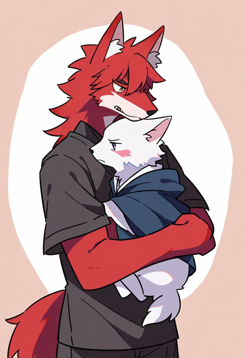 A red furry wolf is hugging a dressed white furry wolf