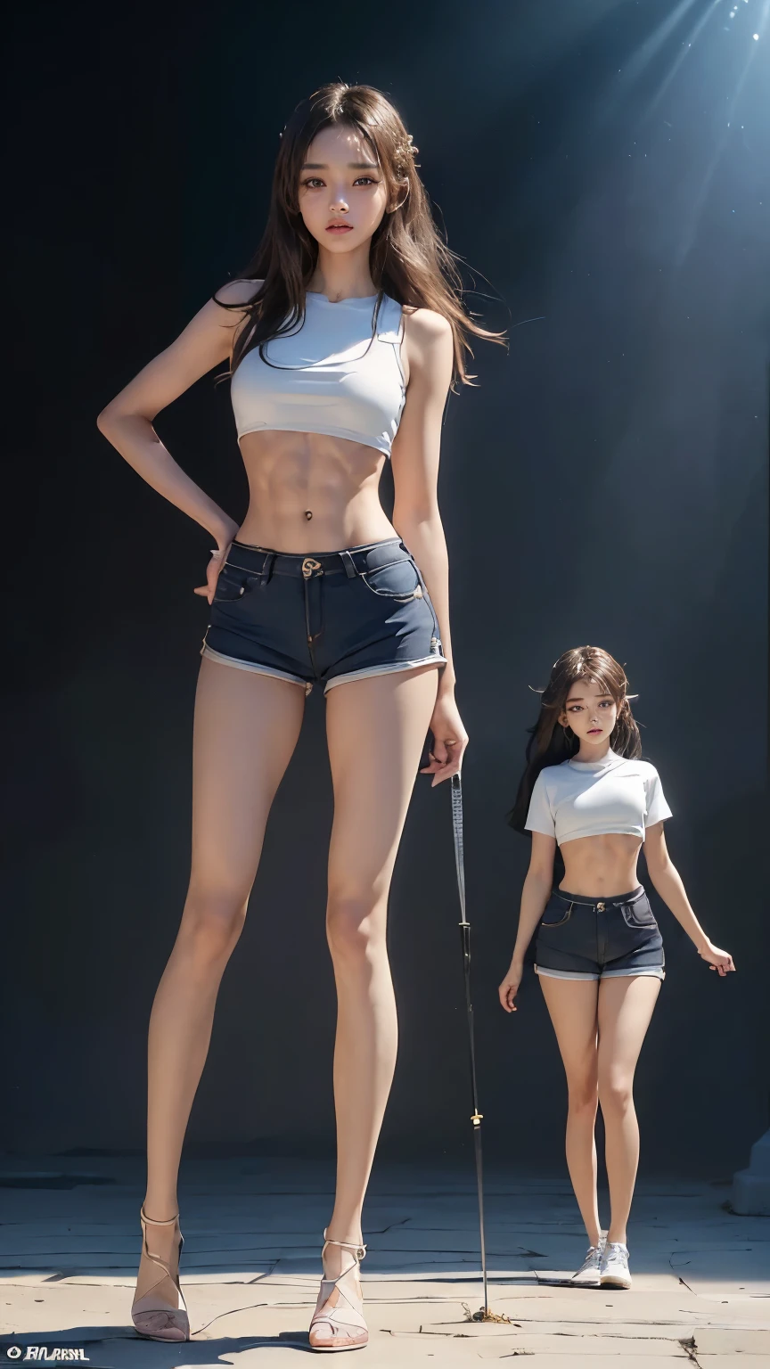 (8K、Raw photo、最high quality、masterpiece:1.5),(((((((Both of them stand with their legs apart:1.9))))))),(((((Both of them have an inseam that is more than half their height.:1.8))))),((Both have bare legs:1.6)),((Both of them are super slim:1.4)),(((((Two girls who look just like WONYOUNG from the k-pop group IVE were photographed:1.9))))),(((They both have super skinny legs:1.6))),(((Both are 173cm tall:1.4))),((Perfect k-pop IVE WONYOUNG style duo:1.4)),(((((Both of them take full body shots:1.8))))),((((Both of you should face your whole body straight ahead.:1.8)))),(((Photographed from below to show the whole body of the legs so that they look longer.:1.7))),Skin irregularities are reproduced in minute detail:1.4, (Super thin waist: 1.2),((超Thin thighs:1.3)), Thin buttocks,Open the navel,1Detailed reproduction of the navel,((Perfect super slim legs:1.3)),(((both of them are the same height:1.3))),(((Both of them have amazingly slim figures.:1.2))),(((Both are wearing micro shorts with a rise of 15cm and an inseam of 1cm.:1.8))),(Both are :1.2),((((Both of them are extremely exposed.:1.7)))),(((((Both of them have super-strong abs:1.9))))),((Both of them were wearing short, form-fitting white sports bras.:1.4)),(((Big boobs but no bra:1.4))),(((Both of them had high, erect nipples clearly visible protruding from under their white sports bras.:1.4))),((((Standing in a fashionable theme park on a sunny day:1.4)))),Highly detailed face and skin texture,(Both of you stand with your legs straight and without bending your knees.:1.3),(((They're both the same height:1.4))),((Both of them look just like WONYOUNG from the K-pop idol IVE.:1.8)), ((((Sunny afternoon:1.3)))),((cute:1.4)),Both are fair-skinned Asians,,Both of them have beautiful eyes,,Both of them have beautiful eyes,,Both of them have beautiful noses, which are realistically reproduced.,Both of them have realistic eyes.,Both have beautiful mouths,((They both have beautiful fingers)),nail,Both of them have beautiful faces.,Both of their beautiful faces are realistically reproduced.,cute,(Ultra-Realistic Details), Natural Shadows,(Very small hips:1.4),Large firm breasts, Super long thighs,(((超Thin thighs:1.2))),(((Super slim calves))),(Both of them have the slender bodies of well-trained track and field athletes.:1.5),(Super muscular body:1.5),Super toned waist,(Super thin waist:1.3),((White high heels:1.2)),lengthen limbs,(((((Shooting the whole body from calf height:1.6))))),(Both of them have slim, toned ankles.:1.2),((((Wide open abdomen:1.5)))),Hands on hips,Both of them face forward,((Both figures have detailed and clear reproduction of the crotch area.)),((Super long legs:1.3)),Thin thighs,((Both of them have bare legs.:1.6)),((Both of them are showing off their legs in a very extreme way.:1.5),((Both of them are showing off their bellies in an extremely extreme way.:1.4),(Black hair ponytail),(Neither of them wears tights or socks.:1.5),((Both of them stand up straight.)),((Keep your hips facing forward:1.5)),2人とも8頭身スタイルBeauty,The ankles are super thin,The arms are very thin and muscular,Make your arms thinner,(((Clearly reproduces the skin texture of the legs down to the finest detail))),Faithfully reproducing the fingers of the hand,(Both of them have super long legs.),(Accurate reproduction of each finger:1.3),(((Each toe is accurately reproduced:1.2))),The middle of the thighs are very thin,(((Clearly reproduces the muscle texture of ultra-muscular and ultra-thin calf skin))),(((超筋肉質な超Thin thighsの肌の筋肉質感を明確に再現する))),(Very tight waist:1.2),((Both of them have an inseam that is more than half their height.の美脚:1.6)),(Extremely thin thighs:1.3),Beauty,Fine skin,Firm skin,(((Both of them should fit from the top of their heads to the toes of their heels.:1.5))),(((They both have super skinny legsの肌を細部まで忠実に再現する))),(Both of them are super muscular and have super thin legs with realistic skin.:1.3),((Realistically reproduces the fine details of toned, slender leg skin:1.3)),((Dazzling Midsummer)),(((Both of them have super-strong quadriceps:1.6))),(((Both of them have extremely well-trained gastrocnemius and soleus muscles.:1.6))),((2人とも超細くてSuper long legs:1.2)),Front lighting,Super detailed, High detail, high quality, Awards,High resolution,(Anatomically correct:1.5)