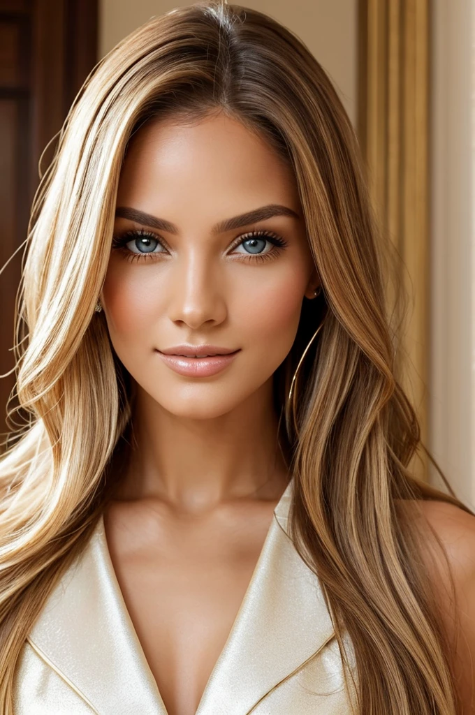 high resolution photo frontal portrait of a woman that has Carolina Mendes has a striking and captivating appearance that exudes elegance and charm. She has long, flowing blonde hair that cascades down her shoulders, adding a touch of enchantment to her overall look. Her eyes are a mesmerizing shade of light brown, reminiscent of honey, and they sparkle with intelligence and warmth. Carolina's features are perfectly balanced, with an elegant nose and softly defined cheekbones. Her smile is radiant and infectious, lighting up the room whenever she enters. Her lips are naturally full and rosy, adding a touch of allure to her already captivating presence. Carolina takes great care of herself, maintaining a flawless complexion that glows with a healthy radiance. Her skin is smooth and has a warm, golden undertone, further enhancing her natural beauty. Carolina is known for her impeccable sense of style. She exudes confidence and sophistication, effortlessly pulling off a range of fashion looks. Her wardrobe is a carefully curated collection of elegant and chic pieces. Whether she's dressed in a tailored suit, a flowing evening gown, or casual yet trendy streetwear, she always manages to look effortlessly put together. She has a knack for accessorizing, often opting for statement jewelry that adds a touch of glamour to her outfits. In terms of body type, Carolina has a slender and statuesque figure. She possesses graceful and confident posture, which accentuates her overall allure and magnetic presence. Overall, Carolina Mendes is a vision of beauty, charm, and sophistication. With her captivating appearance and radiant personality, she effortlessly commands attention and leaves a lasting impression on everyone she meets --style raw --ar 3:4 --v 6.0