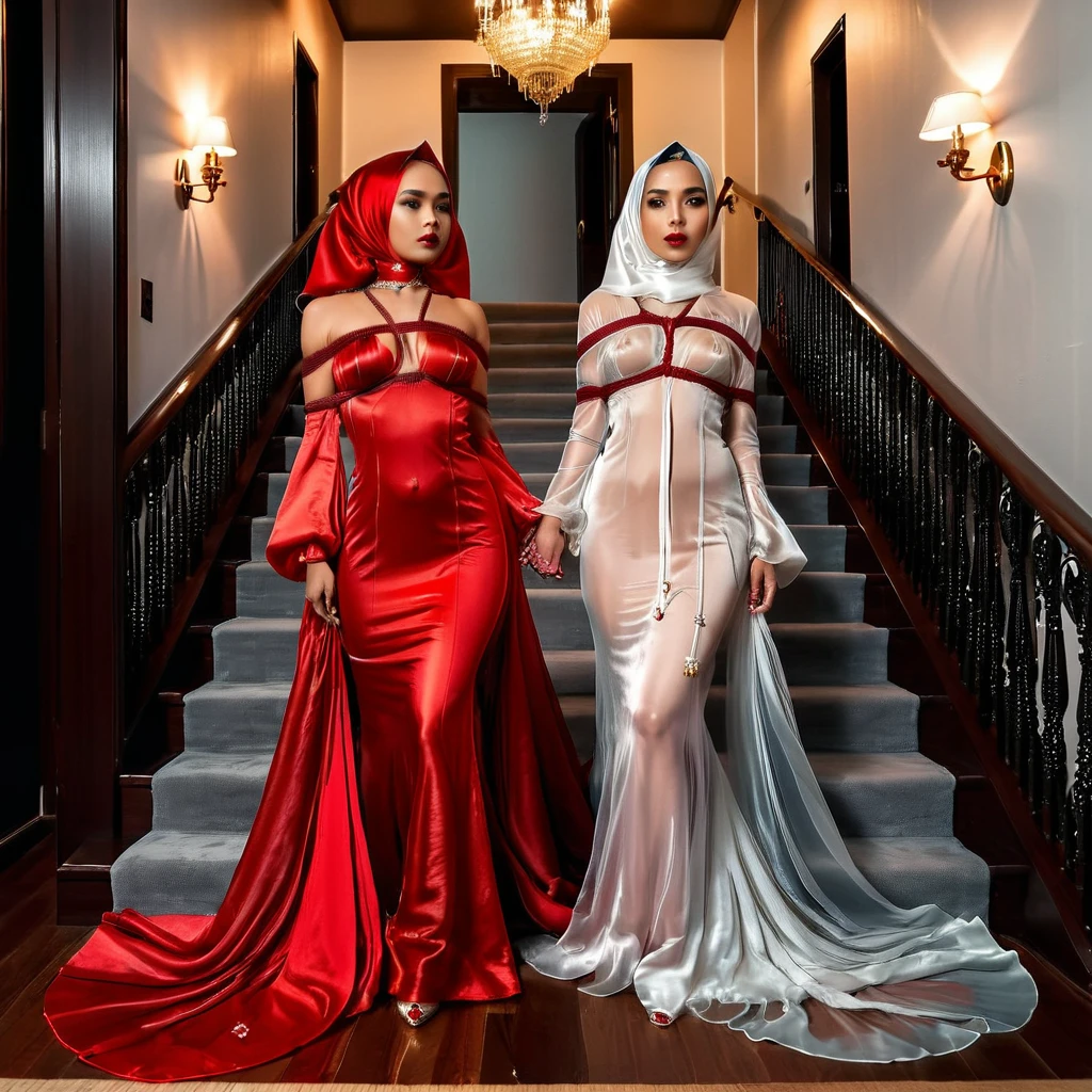 Two woman in the translucent night gown, half naked, nipple on with nipple piercing, shibari,tied with red satin rope,wearing satin hijab, full body,mermaid tight long gown, flowy dramatic long gown,very long flor length gown, tall women, in luxury house,walk downstair, sexy face, sexy pose, wear high heels, masterpice