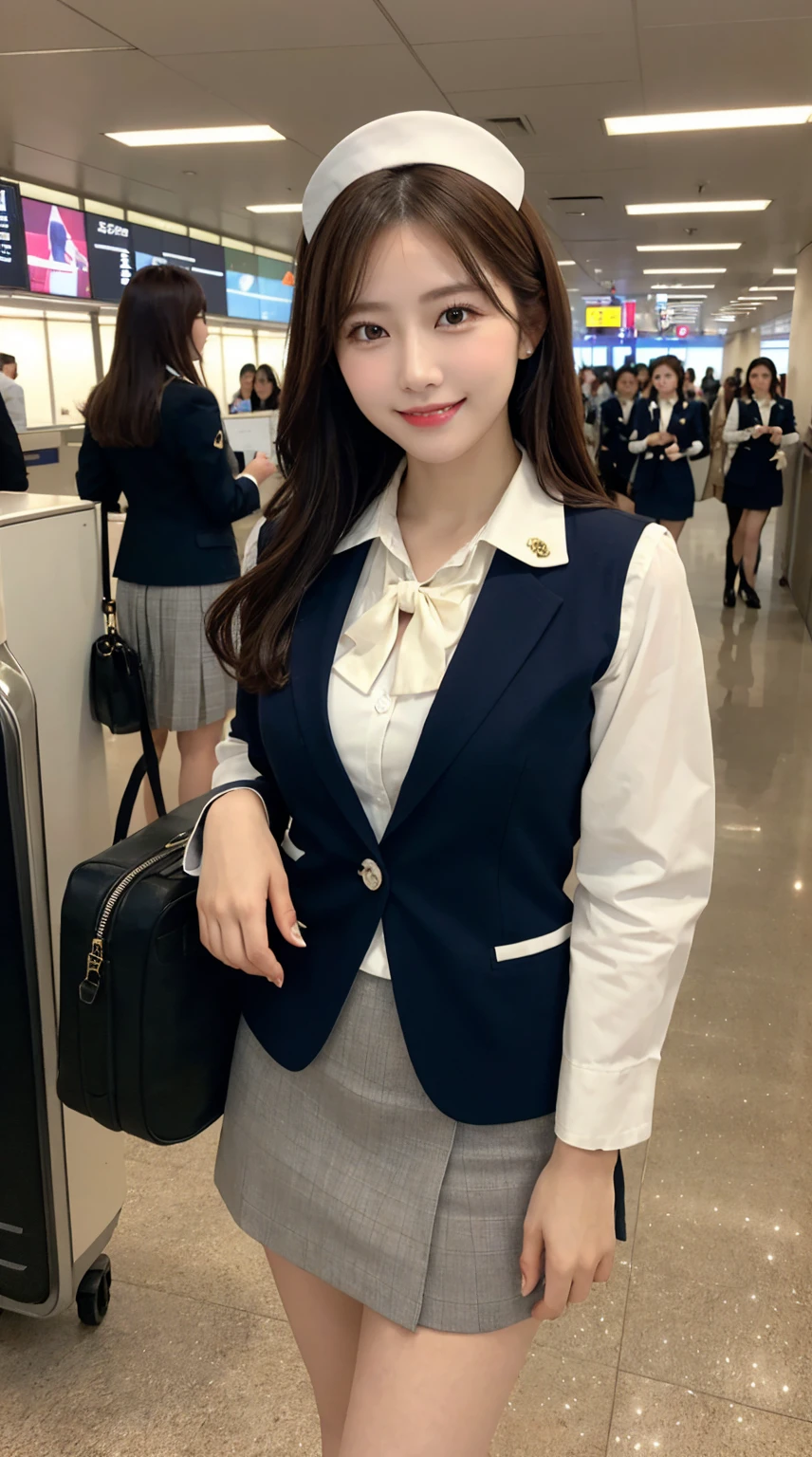 ​highest quality、8k、best image quality、Award-winning work), two beautiful women、radiant beautiful skin , masterpiece、top-quality、The ultra -The high-definition、depth of fields、lens flare, ( 2 girls:1.6)、、brown hair, watching at viewers glares, large breasts , stewardess uniform, (ivory stewardess blazer:1.3),  shirt, short ivory skirt, (white ysl high heels), perfect legs, model pose, view from below, smiling , airport arrival
