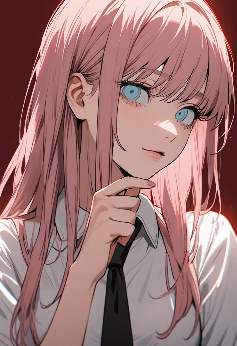 1 pretty girl in chainsaw man style, long hair, light pink hair, light blue eyes, white blouse with a black tie,(flat breasts)hand on chin, dark red background 