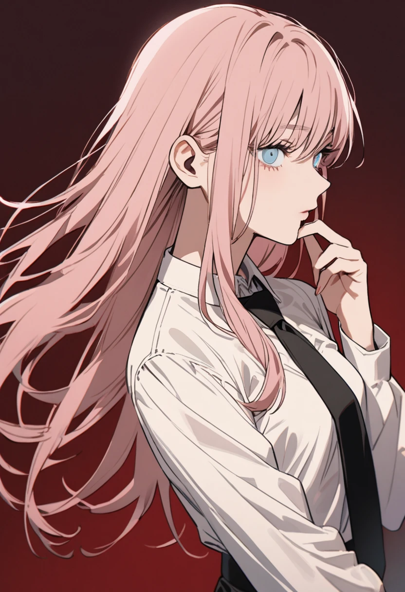 1 pretty girl in chainsaw man style, long hair, light pink hair, light blue eyes, white blouse with a black tie,(flat breasts)hand on chin, dark red background 