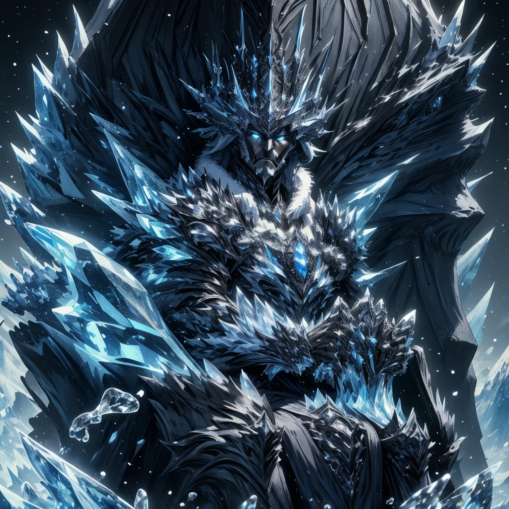 (Very detailed), (Masterpiece), (best quality), (wallpaper 8k Very detailed), Masterpiece,Very detailed,ice throne, Fantasy, Realistic photos, hyperrealism, Highly detailed, movie light, man wearing black armor,long black fur shawl((fur black)) ,Face details, sharp details, black short hair, blue eyes,have muscles, handsome face,
,a man in black armor sitting on an white ice throne, detailed face and muscles, long black fur shawl((fur black)) , sharp details, fantasy, realistic, hyperrealism, movie lighting, 8k, best quality, masterpiece,snow, ice, ice throne, spiky throne, crystal throne, sitting