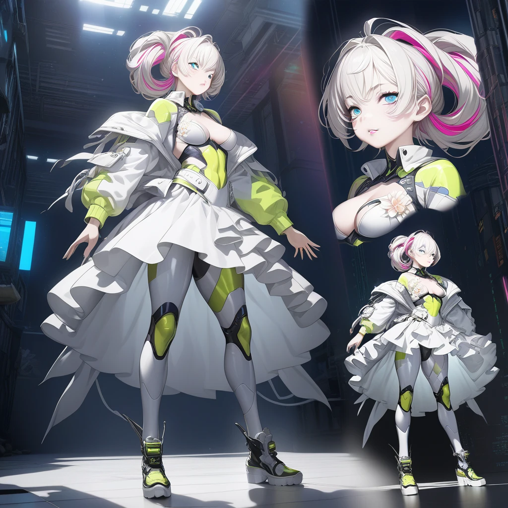 A masterpiece, highest quality:1.2, 1 anime boy, solo, anime character, extravagant cyberpunk outfit, idol, front and back reference sheet, full body, floral theme, detailed facial features, striking eyes, sharp nose, full lips, long eyelashes, complex hairstyle, dynamic pose, atmospheric lighting, vibrant colors, neon accents, detailed textures, glossy surfaces, digital art, concept art, illustration, professional 3D render