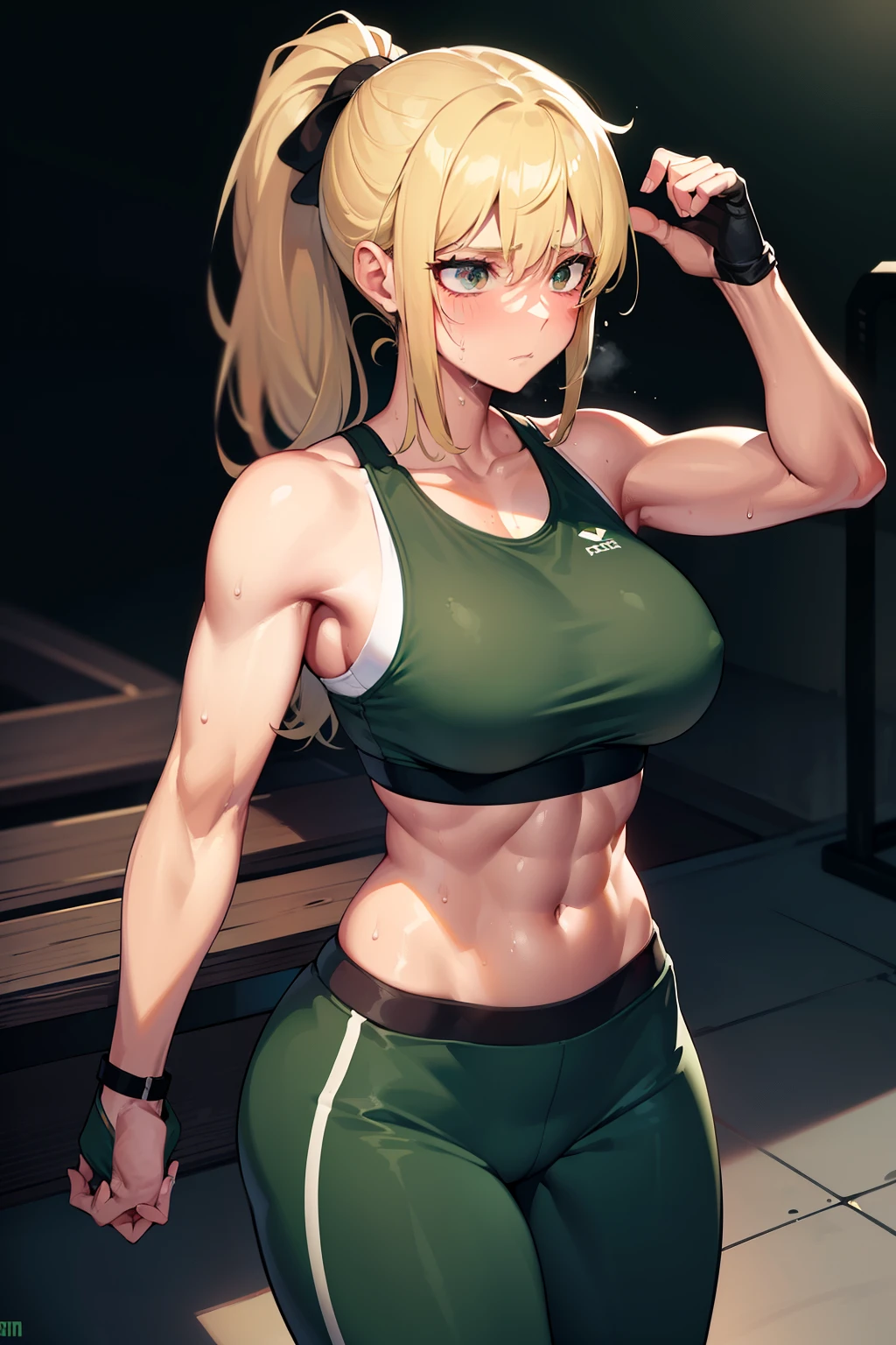 gym, exersice, one adult woman, workout, hot, sweating, sweaty, tan, medium , lifting, yogapants, dark green, yogapants, dark green pants, dark green clothes, blonde, ponytail, lean body, blonde, blonde hair, woman, greenpants, one girl, cool, medium