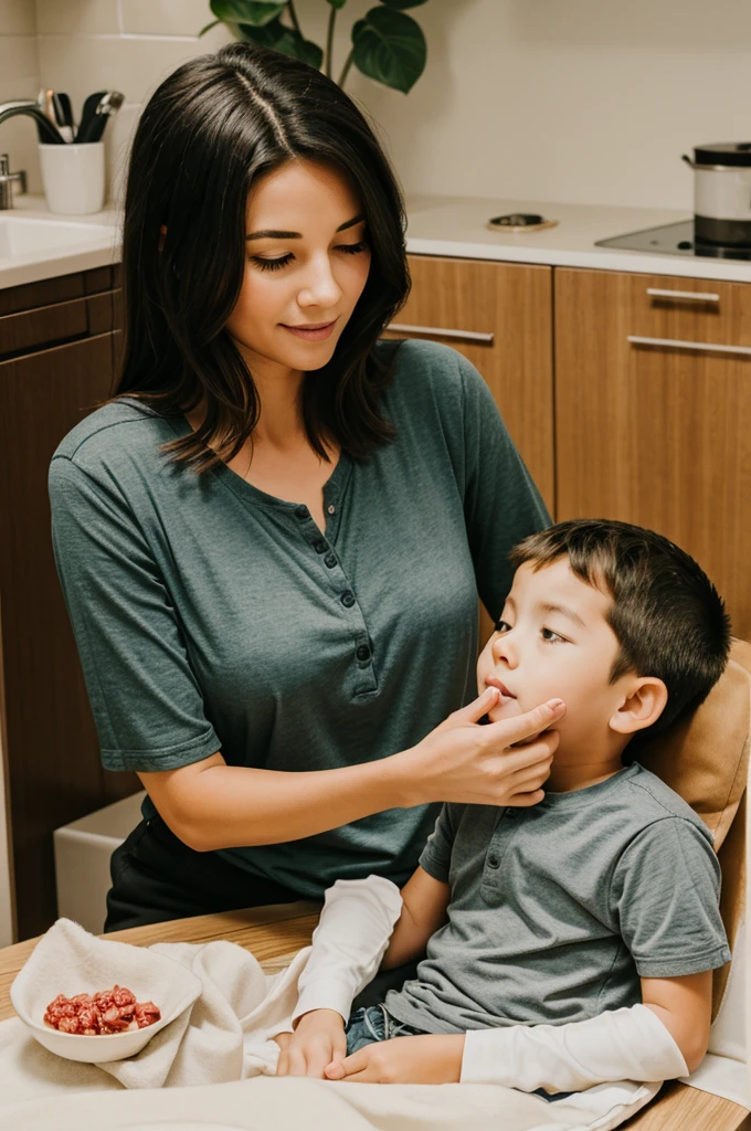 A sketch of mom handfeeding her son