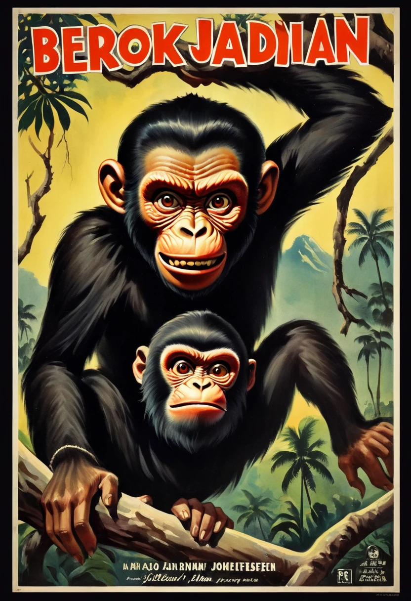 vintage film poster illustration. A vintage movie poster of horror film in 1940's style, title "Berok Jadian" . featuring retro style with a black border around all edges. a Malay man, transformed into a monkey, fierce, eerie, ugly, hairy face, wearing black baju melayu, he is hanging upside down on big tree branch. hyper realistic