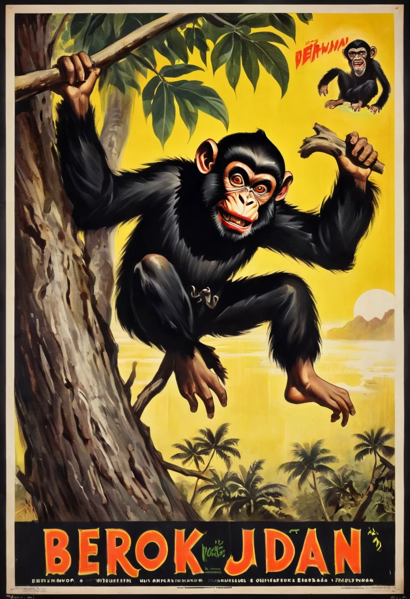 vintage film poster illustration. A vintage movie poster of horror film in 1940's style, title "Berok Jadian" . featuring retro style with a black border around all edges. a Malay man, transformed into a monkey, fierce, eerie, ugly, hairy face, wearing black baju melayu, he is hanging upside down on big tree branch. hyper realistic