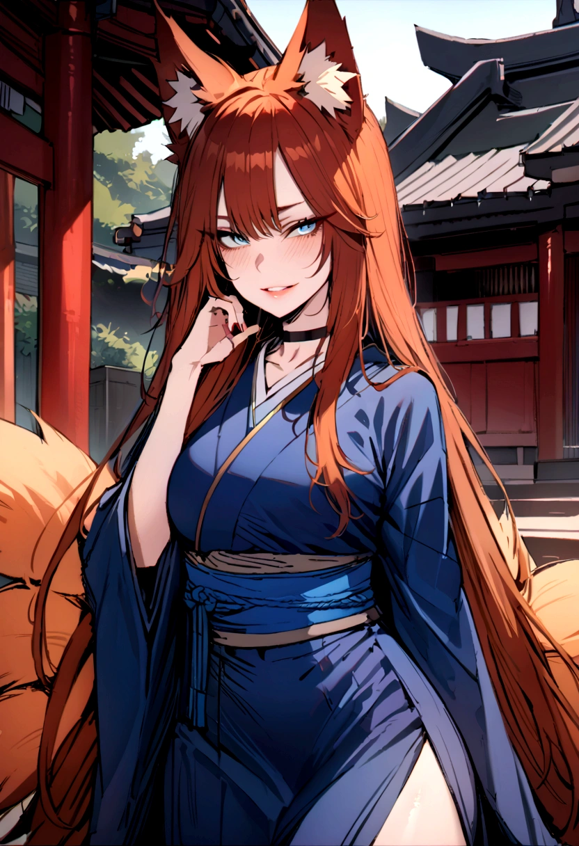 masterpiece, best quality, kitsune 1girl, solo, beautiful kitsune woman, fox ears, bangs, auburn hair, very long hair, blue eyes, grin, medium breasts, black choker, blue kimono, long kimono, long kimono sleeves, blue sash, 5 auburn fox tails, auburn hair, looking at viewer, shrine background