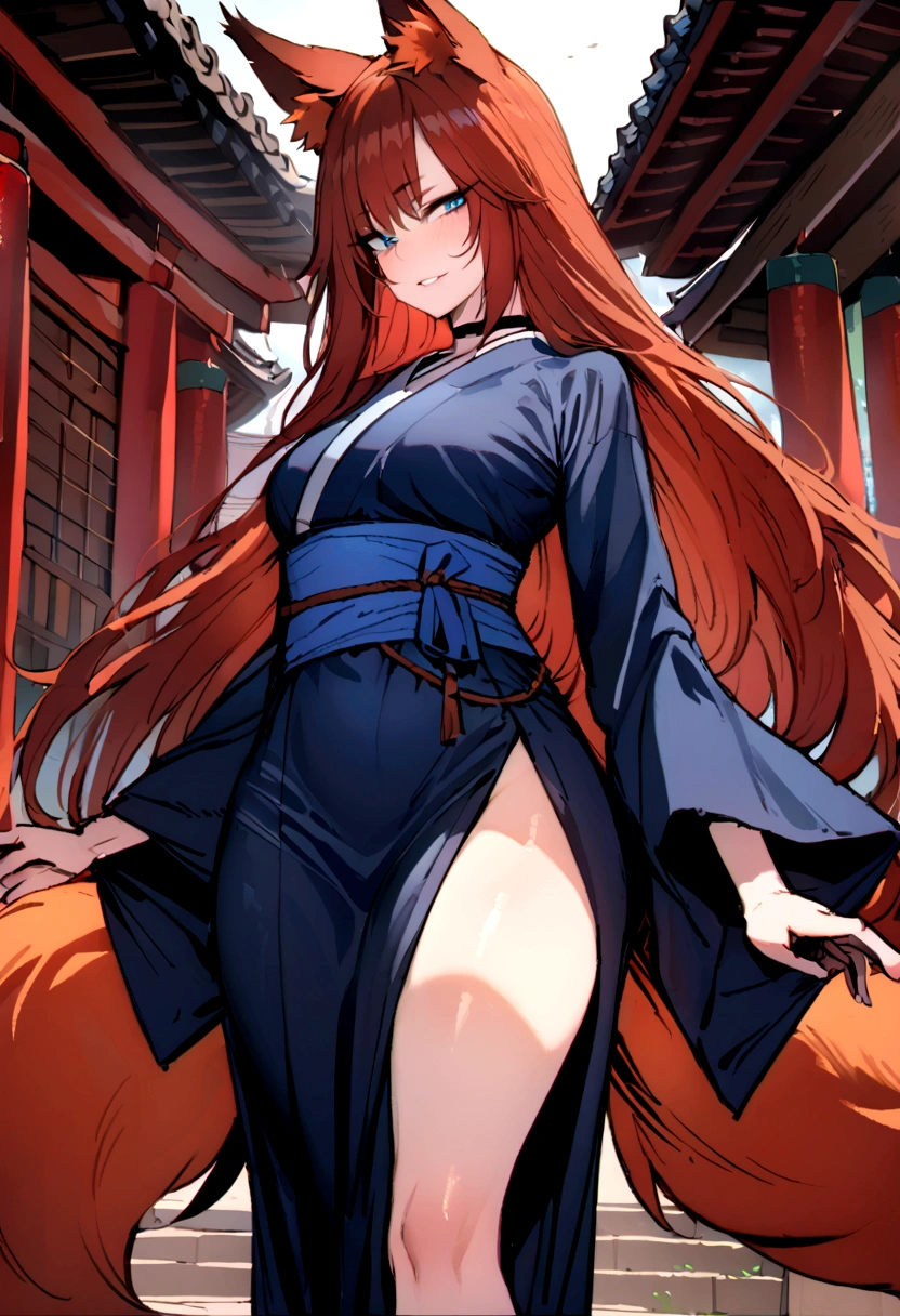 masterpiece, best quality, kitsune 1girl, solo, beautiful kitsune woman, fox ears, bangs, auburn hair, very long hair, blue eyes, grin, medium breasts, black choker, blue kimono, long kimono, long kimono sleeves, blue sash, 5 auburn fox tails, auburn hair, looking at viewer, shrine background