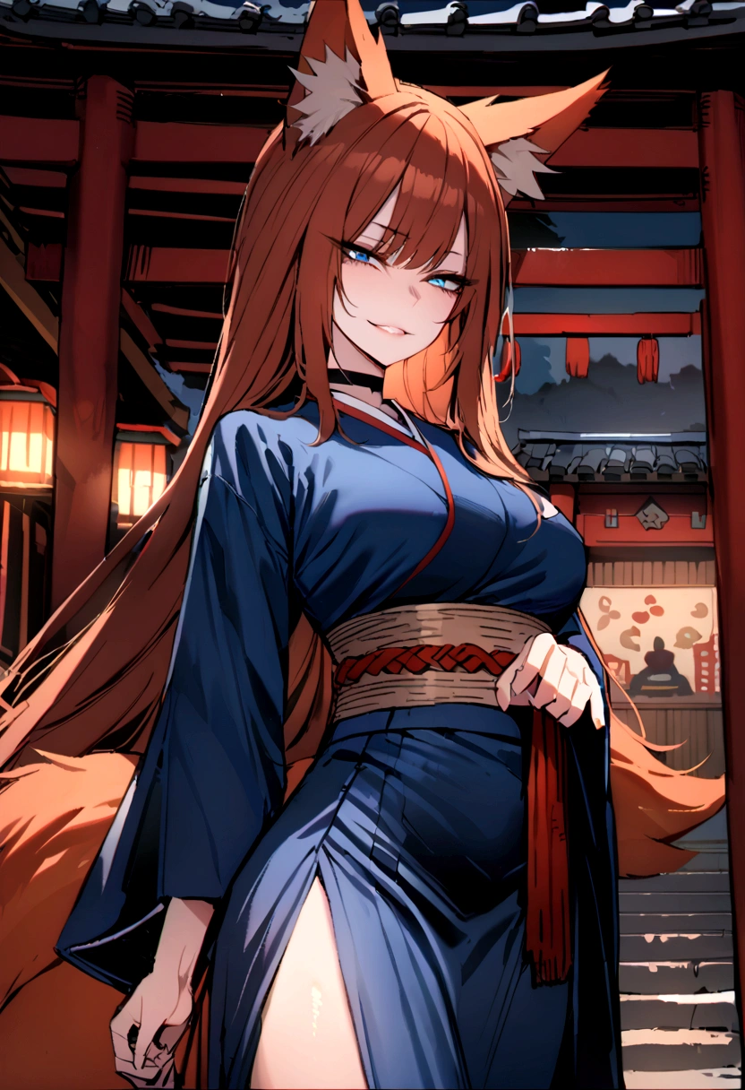 masterpiece, best quality, kitsune 1girl, solo, beautiful kitsune woman, fox ears, bangs, auburn hair, very long hair, blue eyes, grin, medium breasts, black choker, blue kimono, long kimono, long kimono sleeves, blue sash, 5 auburn fox tails, auburn hair,  looking at viewer, shrine background