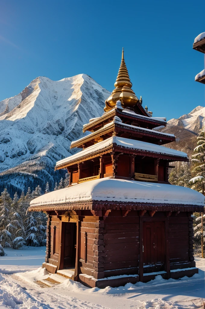 Old Hindu temple and dark wall colour and beautiful mountain covered with snow and golden sunlight coming from the back side
