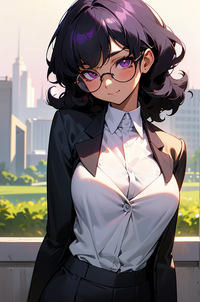 1 girl, black curly hair, glowing violet eyes, mole under the eye, tanned skin, Large round glasses, white shirt, black work trousers, Black Fitted Blazer, calm expression face, mouth closed, cheeky smile, Squinted gaze, park on the background, Sundown, soft lighting.
