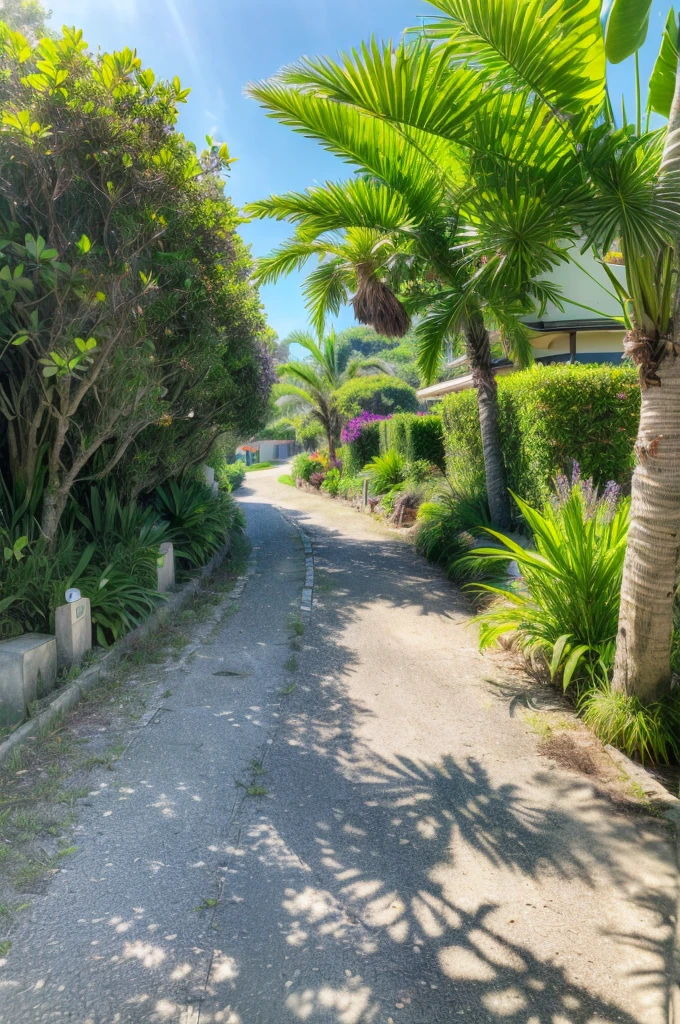 RAW photo, Exterior of modern villa, garden, zutuan,yuanlin,flower,Early morning,fog,nohumans,scenery,tree,field,plant,bushhydrangea,scenery,flower field,naturepath,daisy,day,road,purple flower,highcontrast, (road:1.3), (sidewalk:1.3), (sidewalk trees:1.3), (residences area:1.4), day time, clear sky, sunny, tropical trees and plants, (high detailed:1.2), 8k uhd, dslr, soft lighting, high quality, film grain, Fujifilm XT3, (sharpen:1.5)
