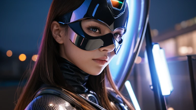 Super high quality. Beautiful female cyborg. Her face is covered by a helmet-like mask and is invisible. Glossy metallic exterior. Night of the future.