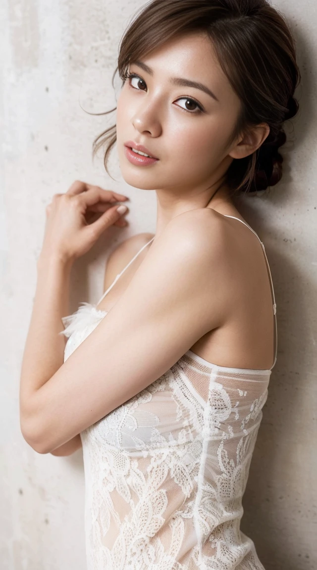 Dark brown hair、Light brown eyes、Japanese actress、 Lady、I am about 40 years old....、(Intricate details:1.2)、(Which is the top????:1.4)、 (Ultra-high resolution:1.2)、Ultra-high resolution、(Finely tuned)、(Detailed facial features)、Hmph、8K resolution、D cup size breasts、Long Hair、Updostyle, Updo、Hair Bun、1 Girl, Deep sorrowの表情, (Very detailed美しい顔), (camisole:1.5), (Bare shoulders:1.3), (Highest quality:1.4), (Very detailed)、Beautiful fair skin with transparency, Are sleeping、Sleeping on the floor、Top View、 Spread your legs wide, Please open your mouth a little、Her legs are visible through the dress、Deep sorrow、Pose of Weakness、Obscene pose、White floor、White wall、The morning sun shines in、Sleep on your side。