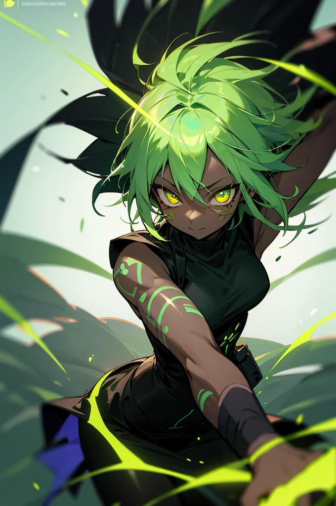 black skin, anime woman, happy, glowing green eyes, glowing green tattoos, extremely short glowing green hair, wearing a black dress