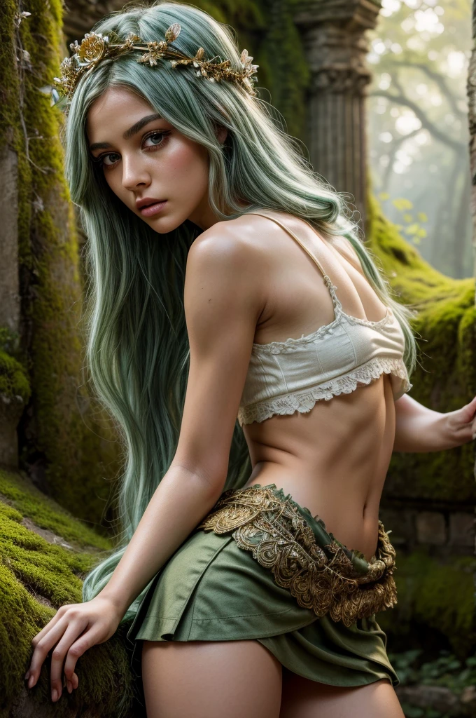 1girl, neliel, age 14, beautiful detailed eyes, beautiful detailed lips, extremely detailed eyes and face, long eyelashes, elegant, graceful, serene expression, long hair, green hair, intricate hairstyle, ornate headdress, floral crown, perfect body, anatomically correct, slim, flat abs, perfect ass, torn top, torn skirt, blushed cheeks, ashamed, white panties, soft warm lighting, fantasy forest, mystical atmosphere, detailed foliage, ancient ruins, mossy stone walls, detailed textures, cinematic composition, golden hour lighting, vibrant colors, digital painting, masterpiece, hyper realistic, 8k, ultra-detailed