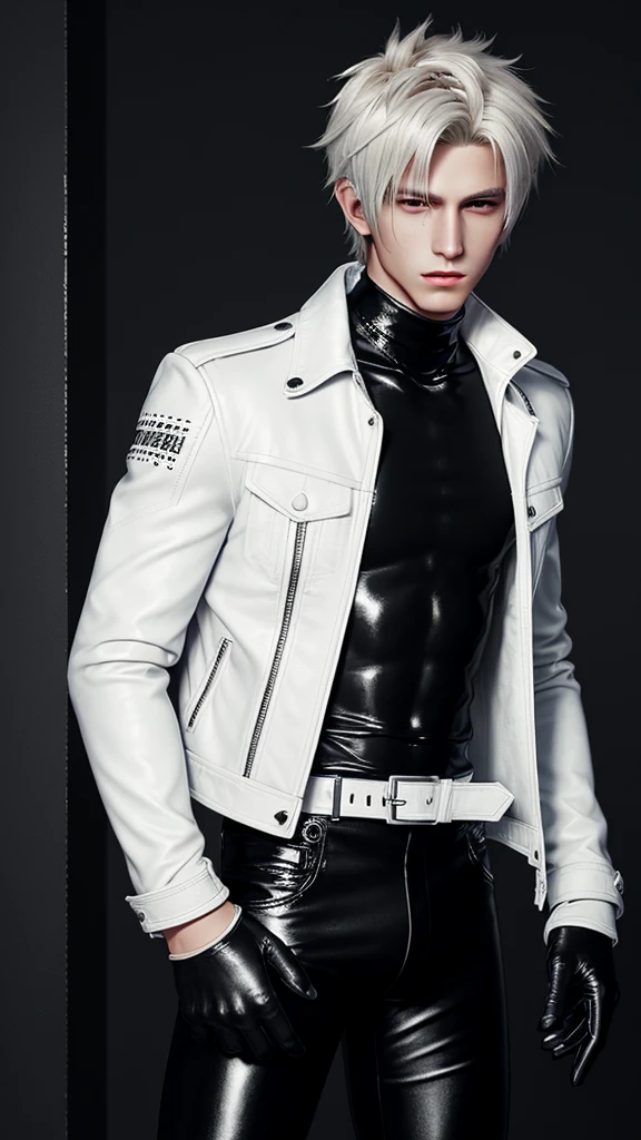 Final fantasy taste and reality graphics, Japanese young cute and cool ikemen boy, his age is early 20s, thin eyebrows and beady eyes, he wearing off white color leather thick singlebrest biker jacket, with epaulet, must close the front of the leather jacket, jacket is biker style, jacket is voluminous, , jacket collar is high length stand-up collar with belts, jacket is a little black line pattern,close the front of the jacket, also wearing black thick turtleneck lackluster shirts, tight black leather pants, shiny black leather tight and thin glove, black leather knee-high raceup boots,must views head-to-toe,must views whole body, boy looks like fashion model,Do not show skin from the neck down,leather jacket leather glove and leather pants have few wrinkles,boy in the room,
