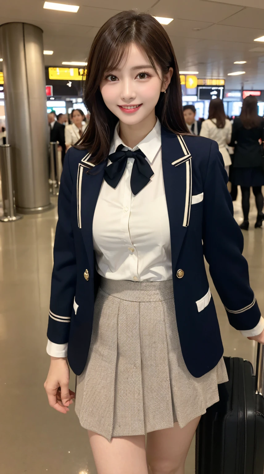 highest quality、8k、best image quality、Award-winning work), two beautiful women、radiant beautiful skin , masterpiece、top-quality、The ultra -The high-definition、depth of fields、lens flare, ( 2 girls:1.6)、、brown hair, watching at viewers glares, large breasts , stewardess uniform, (ivory stewardess blazer:1.3), shirt, short ivory skirt, (white ysl high heels), perfect legs, model pose, view from below, smiling , airport arrival
