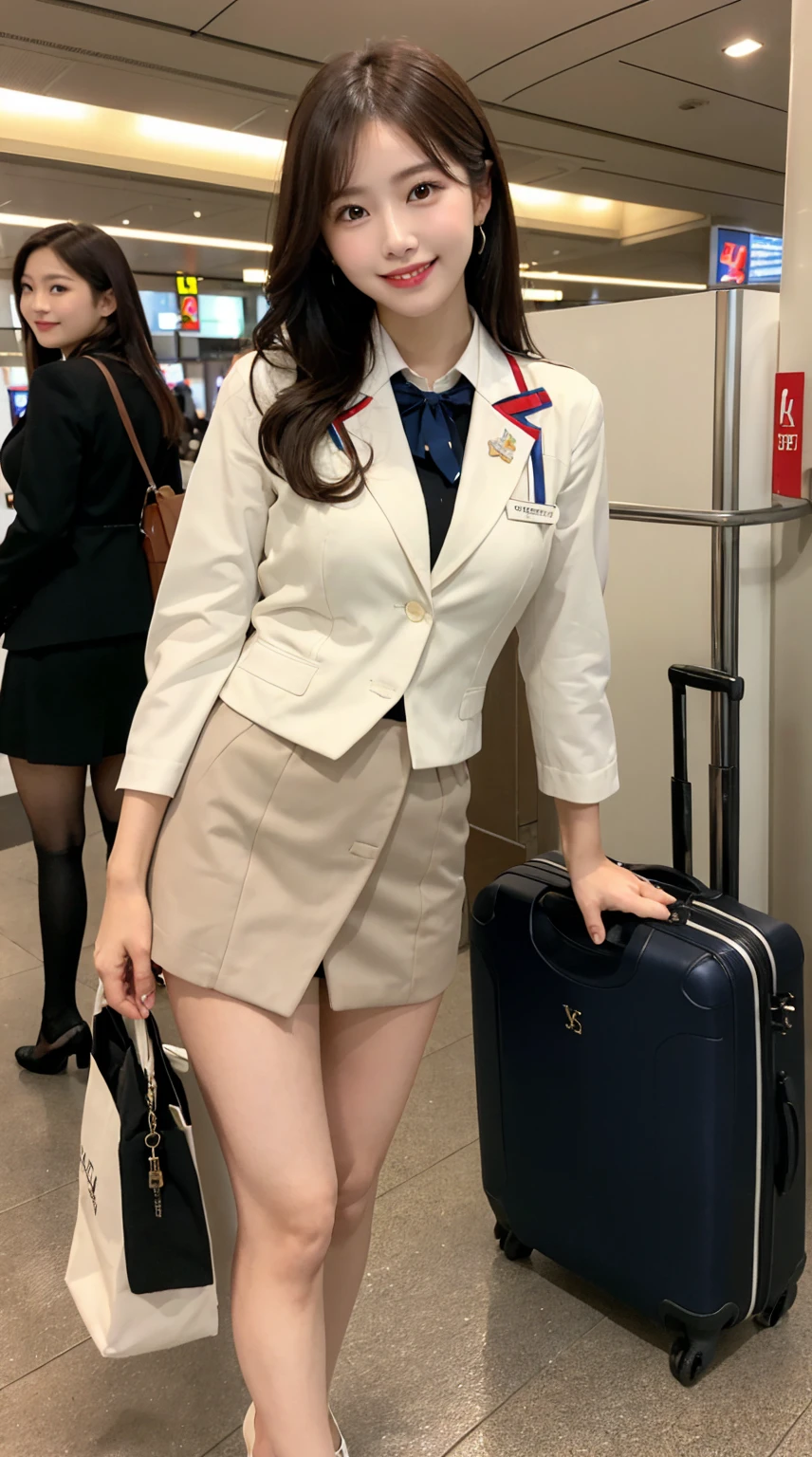 ​highest quality、8k、best image quality、Award-winning work), two beautiful women、radiant beautiful skin , masterpiece、top-quality、The ultra -The high-definition、depth of fields、lens flare, ( 2 girls:1.6)、、brown hair, watching at viewers glares, large breasts , stewardess uniform, (ivory stewardess blazer:1.3),  shirt, short ivory skirt, (white ysl high heels), perfect legs, model pose, view from below, smiling , airport arrival
