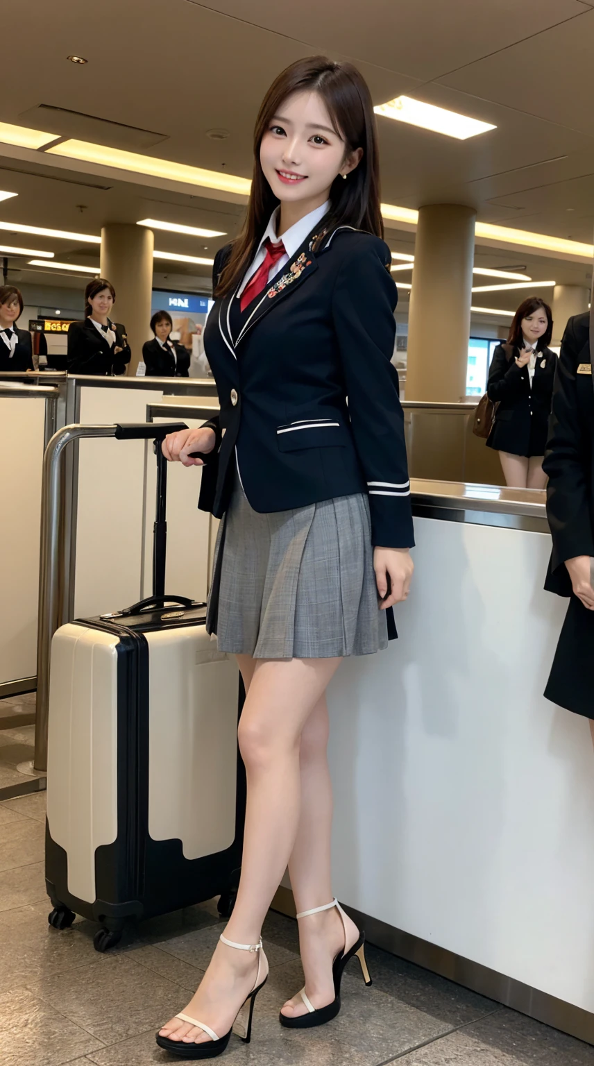 highest quality、8k、best image quality、Award-winning work), two beautiful women、radiant beautiful skin , masterpiece、top-quality、The ultra -The high-definition、depth of fields、lens flare, ( 2 girls:1.6)、、brown hair, watching at viewers glares, large breasts , stewardess uniform, (ivory stewardess blazer:1.3), shirt, short ivory skirt, (white ysl high heels), perfect legs, model pose, view from below, smiling , airport arrival