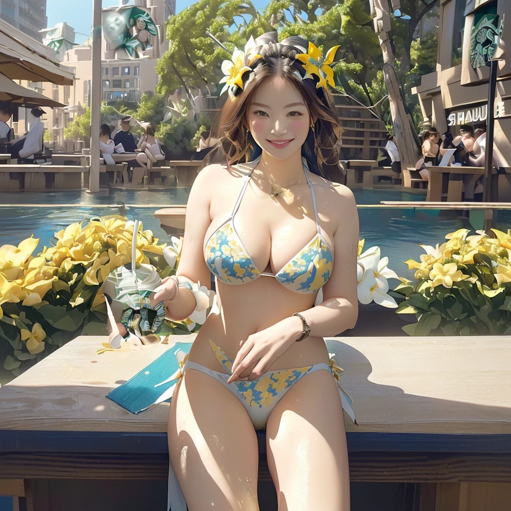 8K、RAW Photos、Highest quality、Super detailed、Super Resolution、Ultra HD、8K壁紙、Amazing details
((((Starbucks outdoor cafe))))、(((Blue, white and yellow floral bikini swimsuit)))、((Eat cake、Drink coffee、smile))、Heart Necklace、Gold bracelet
(((Emphasize cleavage)))