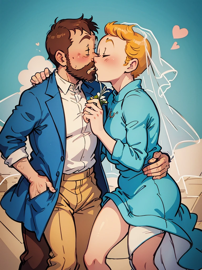 The wedding of Tintin and Haddock from Hergé's comics in delicate pastel colors.