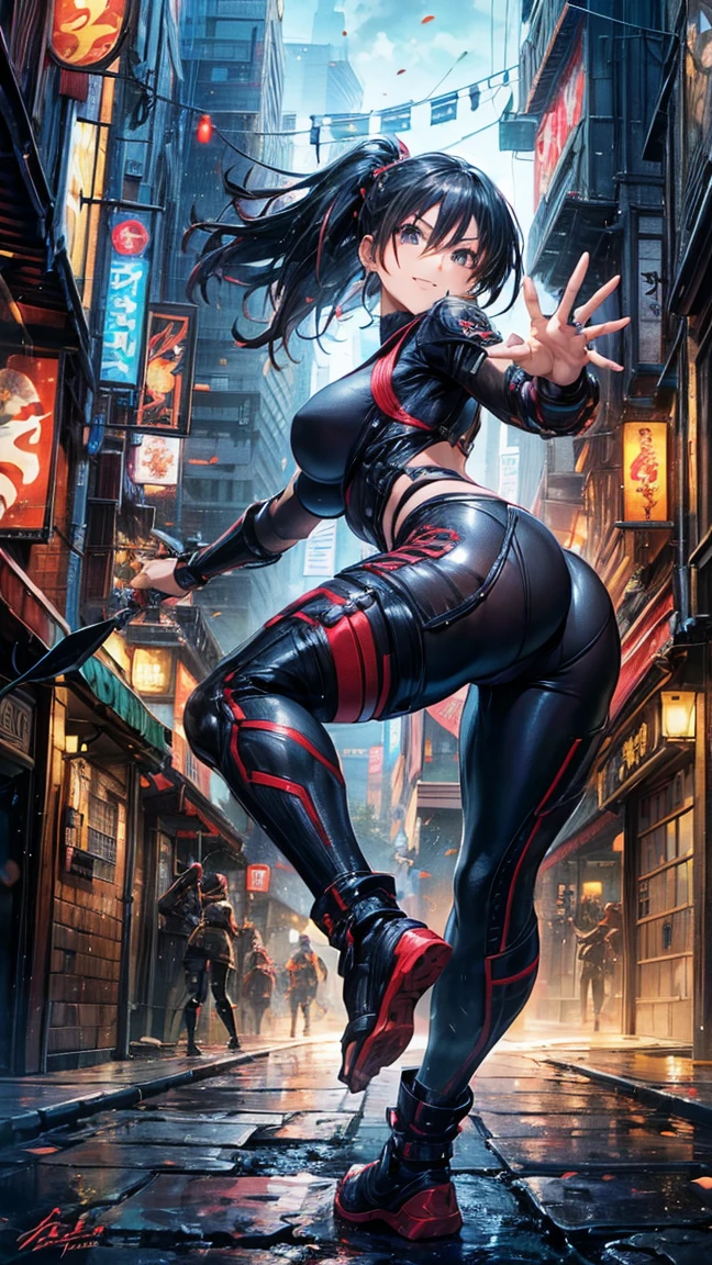 (1 mature female ninja,Age 35), ((Pub,guild)),(smile),Dynamic pose,Dynamic Angle,Pose for a photo,From below,Elderly woman、Trading Card Game Frames、Highest Rare、Five Fingers、Signature mark、Big Butt、Black Hair、Fighting Pose、Ninja costume、Full Body Suit、kunai、Japanese style cyberpunk、A ninja running through a modern city