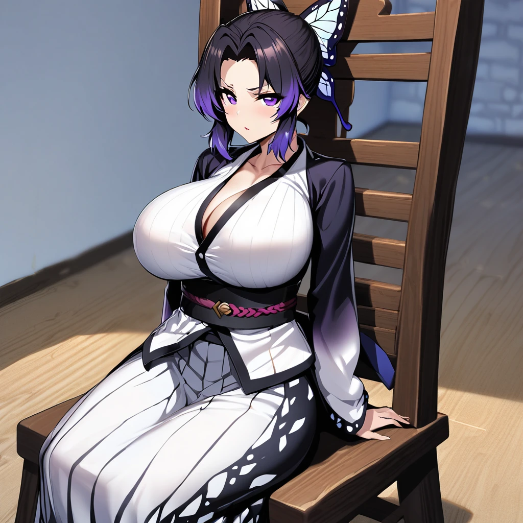 kochou shinobu,1girl,solo,Females in heat,Quietly angry,super huge breasts,sitting in a wooden chair,Tied to a wooden chair,looking at viewer,near,