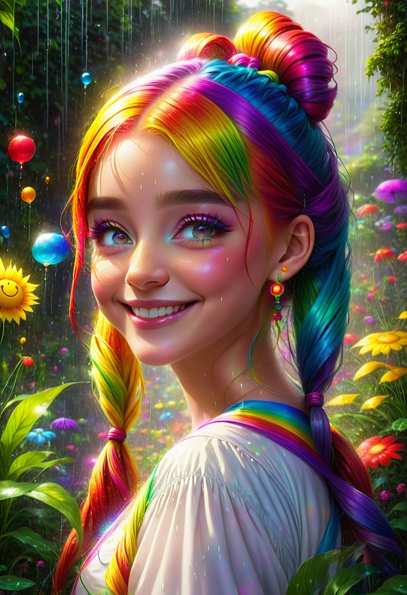 1 girl、Long rainbow colored pigtails:1.9、A smiley face with a hint of madness、face is distorted、In a magical rainy garden、Dance wildly:1.4 Beautiful Magical Girls、Shining morning sunlight、Low Angle Shots:1.75、Close up of a girl、Very detailed、complicated、Photorealistic、8K、HDR、Cinematic lighting、Bright colors、Soft and dreamy