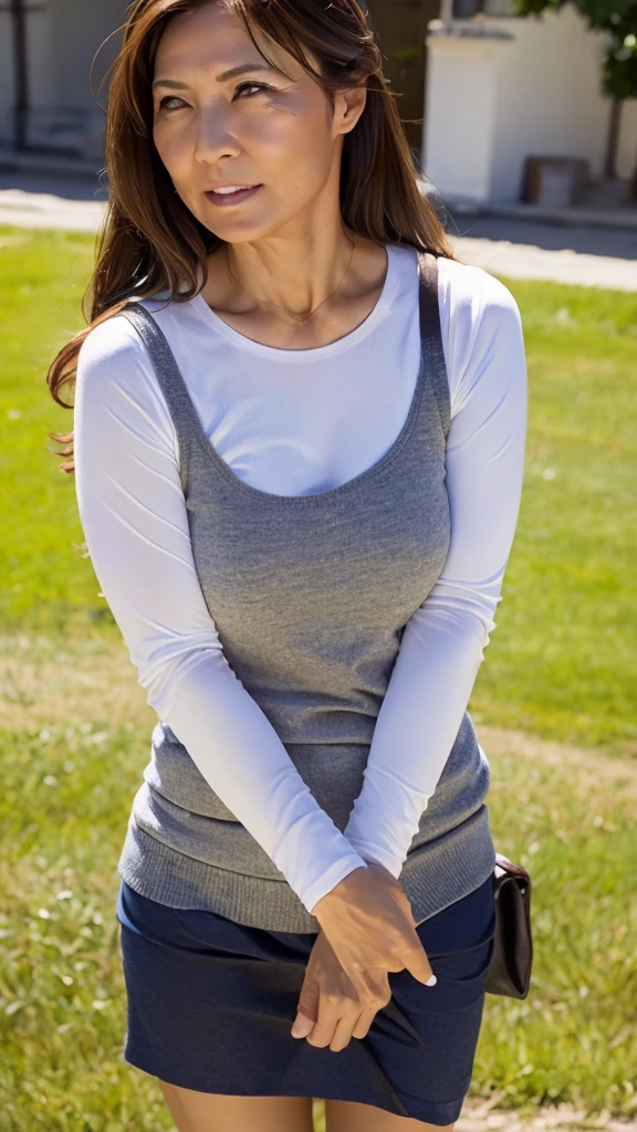 ((Highest quality)), ((8K)), ((masterpiece: 1.3)), (Perfect appearance), (Photorealism: 1.6), (JMA), (AIG), (Mature woman standing on the lawn), Japanese women, (58 years old), ((Realistic skin texture 1.n8)), (Fine wrinkles appear all over the skin: 1.3), (Dullness: 1.1), (Unmoisturized skin: 1.2) , (Facial wrinkles: 0.9), (Wrinkles around the eyes: 1.2), double eyelid, Lower eyelid tear trough, The eyes are looking here, Serious look, (Dimples: 1.2), The gaze is directed diagonally upwards to the right., Long Hair, Sexy golf wear, (No sleeve), Knee-high socks, (whole body),