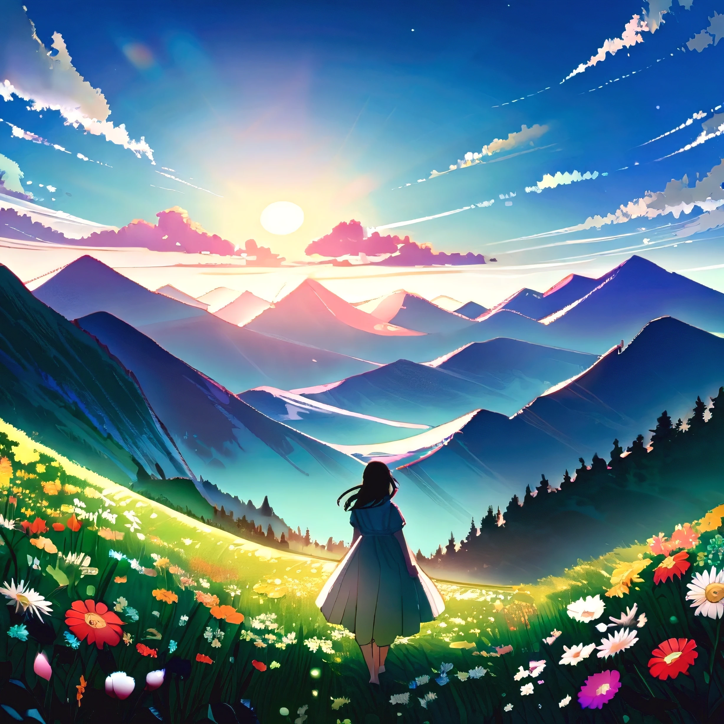 A serene anime girl stands on a lush mountain, reaching towards the endless blue sky. Below, green meadows bloom with colorful flowers, while distant peaks bask in the summer sun. It’s a peaceful scene, inspiring awe and tranquility, 8K high quality
