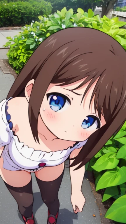Highest quality,1 Girl,Big Breasts,orgasm,blush, shut up., Sweat,Marina Akizuki, Long Hair, blue eyes, Brown Hair, long hair, Knee socks, Striped, 黒のKnee socks, Expose your shoulders,Cute camisole ,((Cute pussy:1.3)),garden,NFSW,
