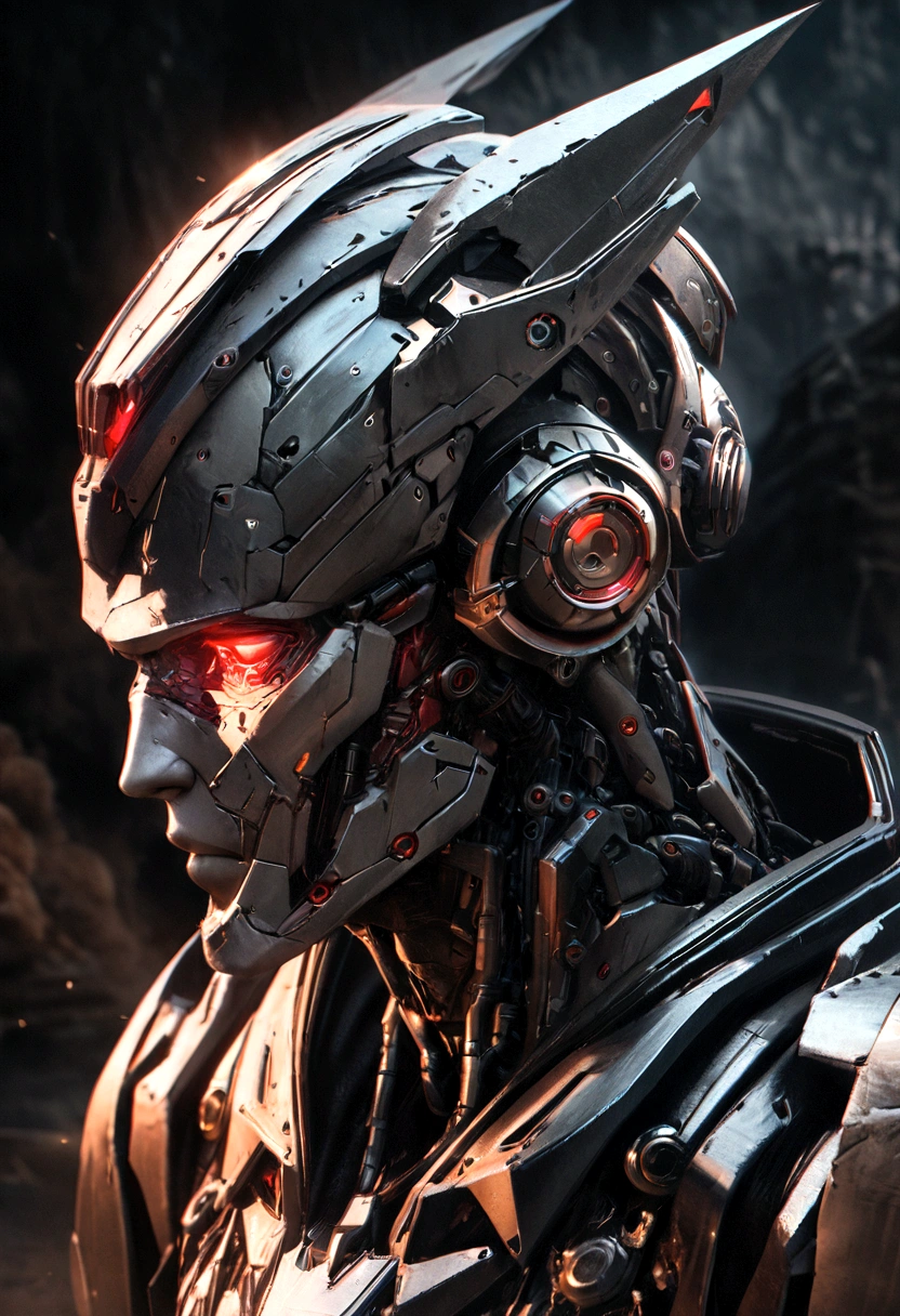 Sharpened man in black and red metallic armor with hood, detailed portrait of a cyborg, close-up portrait of cyborg, portrait of a futuristic robot, male cyborg military commander, attractive science fiction face, masculine appearance, portrait of cyborg, Futuristic Setting, portrait of a cyborg, cyborg portrait, portrait of a cyborg cyberpunk, male cyborg, in metallic black futuristic armor, olpntng style, Portrait of the gynoid robot Samus in Wasteland, perfect composition, beautiful detailed intricate insanely detailed octane render Tendências no ArtStation, 8k art photography, photorrealistic concept art, soft natural volumetric cinematic perfect light, Bright dark, rewarded photography, work of art, oil on canvas, perfect composition, beautiful detailed intricate insanely detailed octane render Tendências no ArtStation, 8k art photography, photorrealistic concept art, futuristic setting, soft natural volumetric cinematic perfect light, darkness background