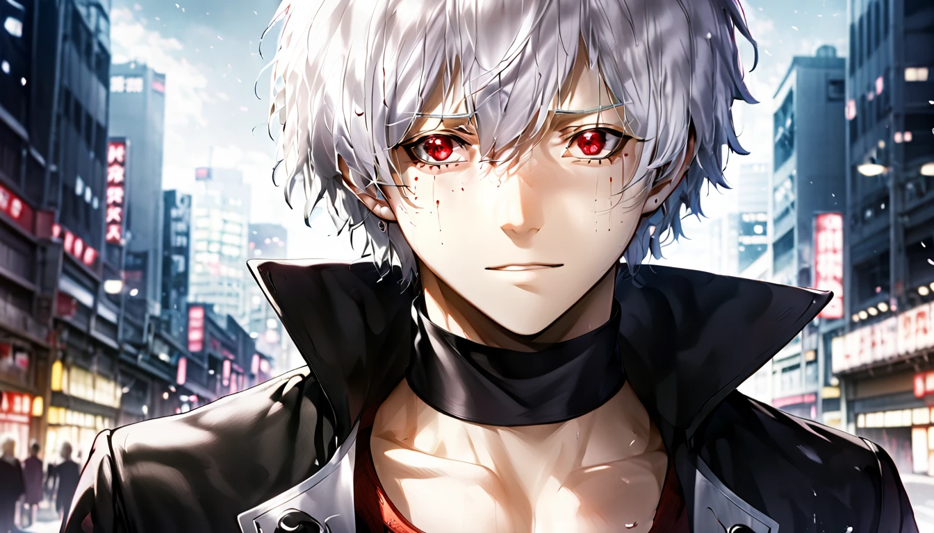 ```
ken kaneki, Tokyo Ghoul, white hair, black outfit, eyepatch, half-ghoul, serious expression, red kakugan eye, kagune tentacles, detailed face, high quality、Overall view、Uplifting、Cold-like sensation、Acrobatic、、disaster Cool atmosphere、Black Air、Overall view、Twilight、Get lost in the crowds、night road、Shining cityscape、night、

```