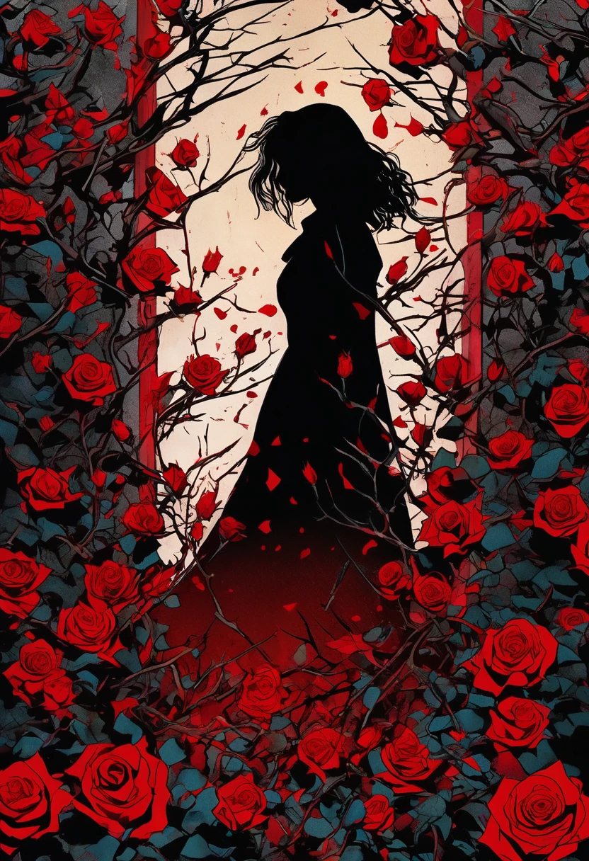 black silhouette of a woman walking on thorns and broken glass and red roses, covered in wounds, symbolizing wounds, depression and trauma, manga style, digital art, by Marshall Arisman, cover illustration, 70mm, 7 0 mm, 70 mm, book cover illustration, by Brigette Barrager, album cover, novel cover art for a book, art concept for a book cover, cover art, 7 feet tall,