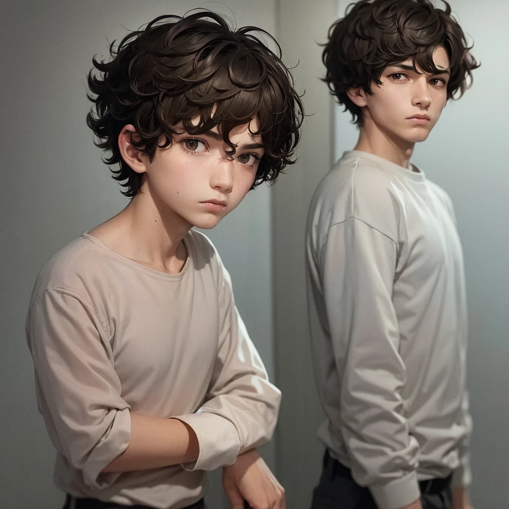teenage boy, short curly hair, serious expression