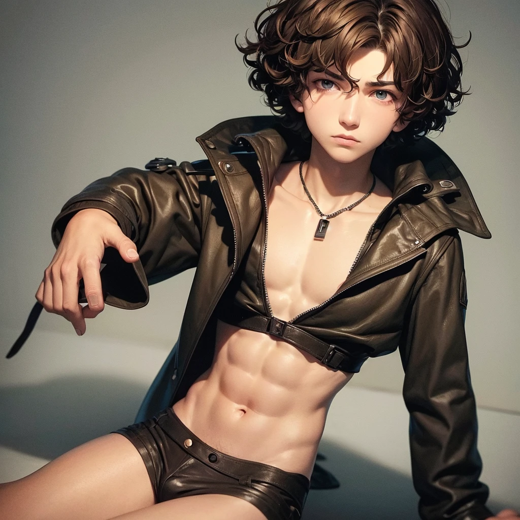 age boy, short curly hair, serious expression